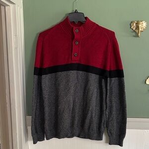 American Eagle Outfitters Red and Gray Buttoned Crewneck Sweater